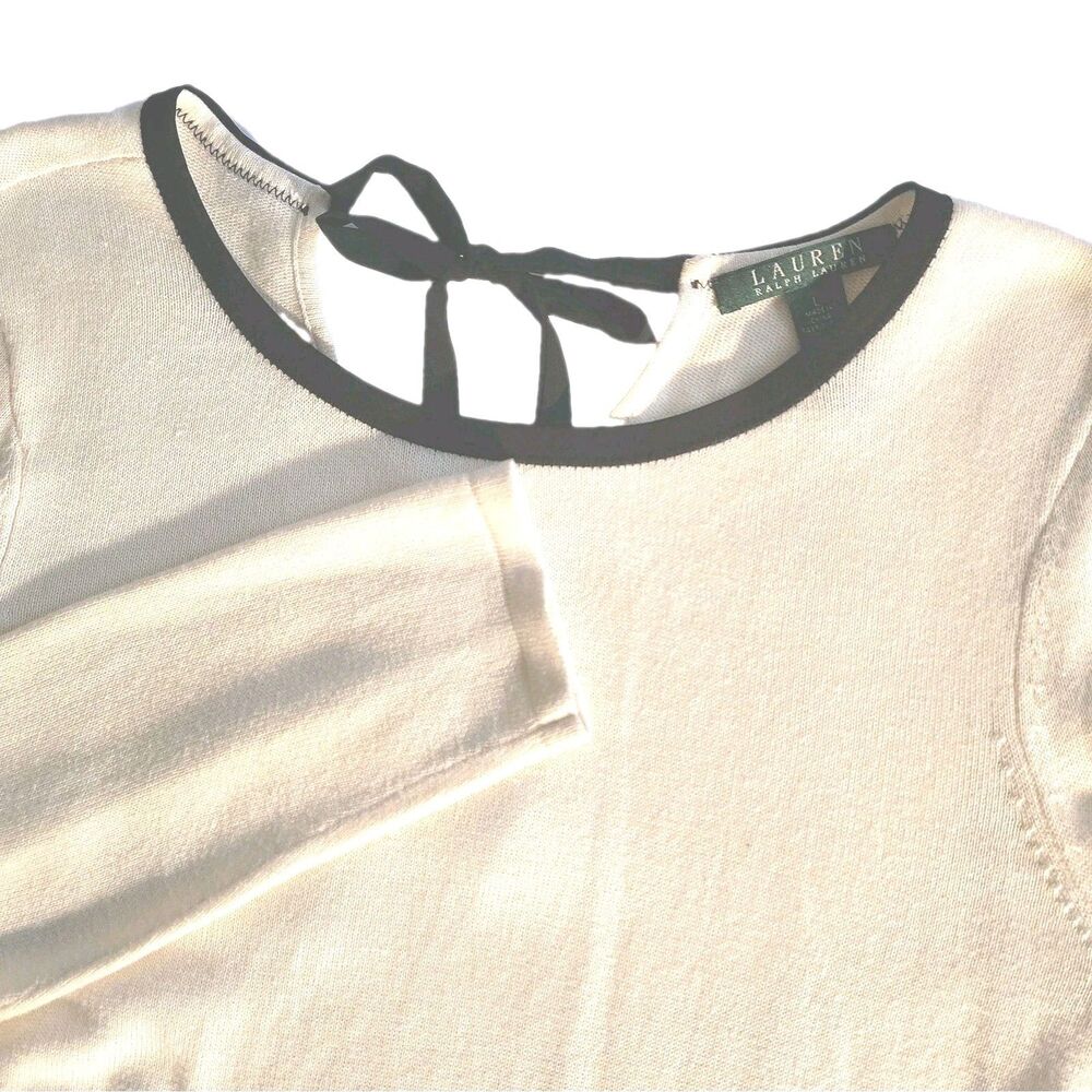 Lauren Ralph Lauren Sweater Top L Cream Black Cotton Modal Tie Back Trim Luxury